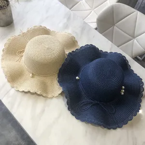 Women Summer Straw Hat Wavy Large Brim Beach Sun Protection Hat Elegant Pearl Bowknot Holiday Resort Sun Hat