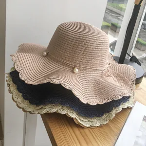 Women summer straw hat wavy brim pearl bow beach sun protection vacation fashion sun hat