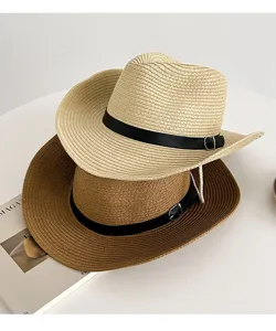Summer fashion straw cowboy hat for men and women, wide brim beach sun hat, foldable.