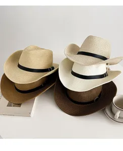 Summer straw cowboy hat wide brim sun protection beach hat casual outdoor sunhat for women