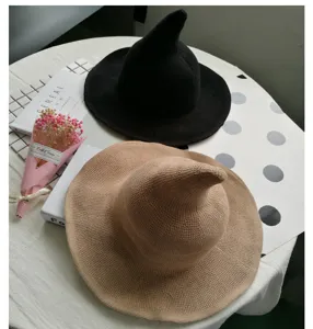 Cappello da sole strega in coton per donna tesa larga a punta lavorato a maglia moda