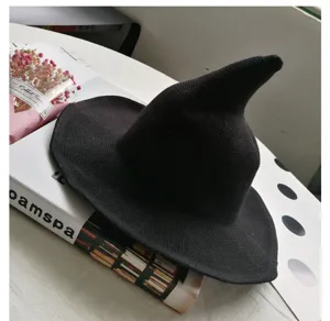 Cappello da strega lavorato a maglia nero tesa larga sole moda costume cappello per le donne
