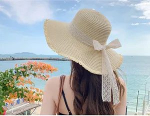 Women Summer Straw Hat Beach Wide Brim Sun Hat With Lace Bowknot Travel Outdoor Sunshade Cap