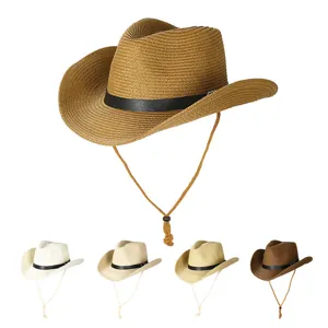 Unisex Summer Western Cowboy Hat Vintage Retro Paper Straw Wide Brim Sunshade Beach Sun Hat For Outdoor Travel