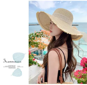 Women summer bow straw sun hat large brim beach hat outdoor UV protection holiday cap