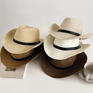 Summer straw cowboy hat for men and women, wide brim sun protection beach hat fashion style.