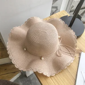 Womens summer straw hat with wavy brim pearl and bow decoration beach sun protection holiday hat