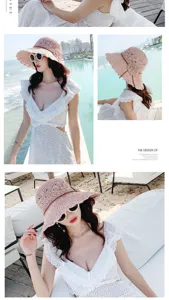 Damen Strand Sonnenhut Detailansicht, rosa geflochtener Strohhut mit Blumenakzent Sommer.