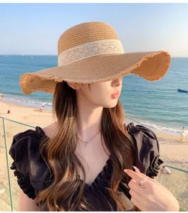 Women summer straw sun hat wide brim beach hat with lace ribbon for outdoor travel UV protection