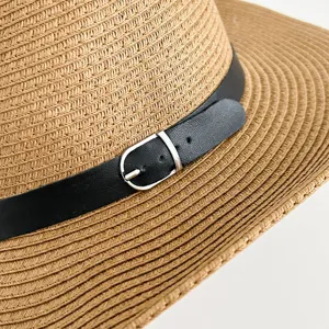 Summer straw hat wide brim sun protection beach cowboy hat with stylish black leather belt