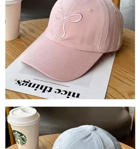 Sweet pink baseball cap for women with cute bow embroidery, versatile casual daily hat.