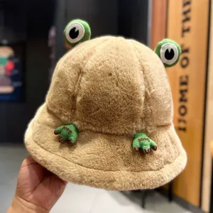 Cute plush frog bucket hat for women winter warm fuzzy Japanese style cartoon cap detail view.
