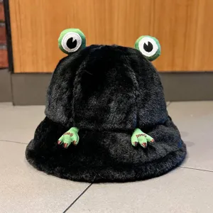 Black plush bucket hat featuring cute 3D frog eyes and hands, perfect warm winter fuzzy hat.