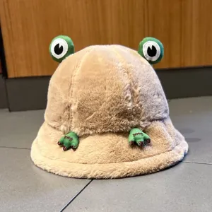 Cute frog plush bucket hat for women autumn winter thick warm fuzzy Japanese cartoon cap