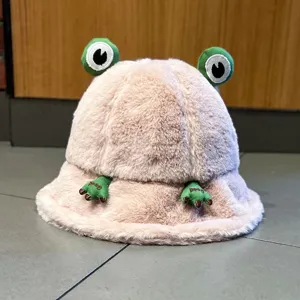Cute pink plush bucket hat with frog eyes, thick warm winter fuzzy fisherman hat for women.