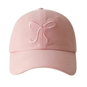 Pink bow embroidered baseball cap for women, cute sweet Korean style casual pink sun hat.
