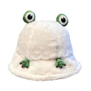 Cute frog plush bucket hat for women winter thick warm fuzzy cap Japanese cartoon style main view