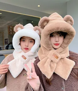 Winter cute bear ear plush hooded scarf detail view, warm and cozy everyday wear.
