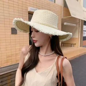 Summer women pearl straw hat wide brim fringe flat top sun hat beach vacation woven cap