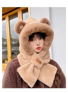 Plush bear ear hat and scarf all-in-one winter warm cute cozy one-piece fleece cap.
