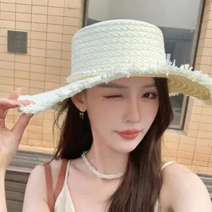 Women summer flat top straw hat with pearl and fringe wide brim beach sun hat chic style