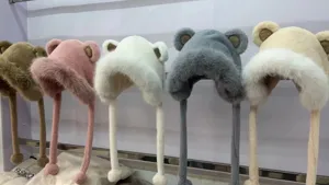 Winter cute bear ear plush hat with long scarf earflaps, soft warm fleece cap for women.