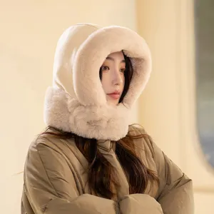 Winter warm faux fur lined suede integrated hood and scarf for women cycling windproof hat.