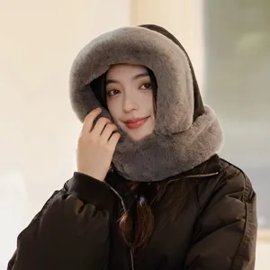 Winter warm grey faux fur hooded scarf balaclava windproof thermal winter cap for women