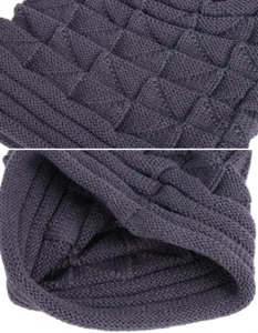 Detailed shot of dark grey knit beanie, textured winter thermal ski cap for men and women