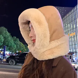 Suede plush warm balaclava hood detail view, windproof winter hat scarf combo.