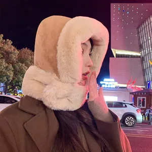Suede plush hooded scarf hat winter warm windproof thick bomber hat for women cold weather