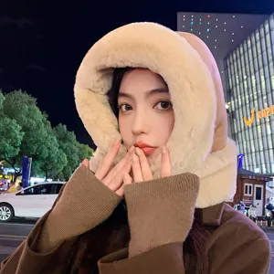 Suede plush hood scarf all-in-one winter warm windproof thermal hat detailed street shot view.