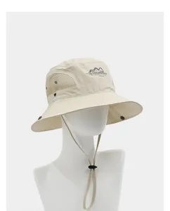 Outdoor camping sun protection bucket hat detail, breathable mesh and adjustable chin cord.