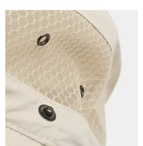 Outdoor camping fisherman hat breathable mesh sun protection hiking climbing bucket hat beige detail