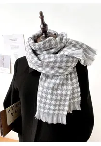 Classic houndstooth winter scarf for women, warm soft tassel shawl wrap casual daily wear.