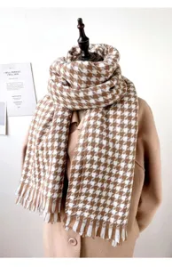 Classic brown and white houndstooth cashmere feel winter warm tassel scarf for women daily wear