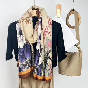 Vintage Chinese ink painting cotton linen scarf for women autumn winter warm wrap