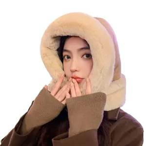 Women's thick suede fleece-lined hooded scarf winter warm windproof balaclava hat main view