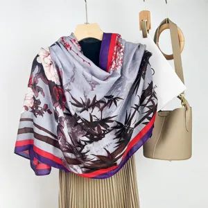 Vintage Chinese ink bamboo print cotton linen scarf detailed shot women warm shawl wrap