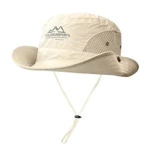 Beige outdoor sun protection bucket hat with breathable mesh and adjustable windproof chin strap.