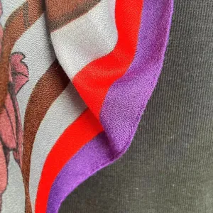 Cotton linen retro scarf detail view, elegant national style print, autumn winter accessory.