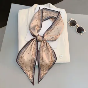 Elegant beige paisley silk scarf versatile skinny neckerchief ribbon for women handbag hair accessory