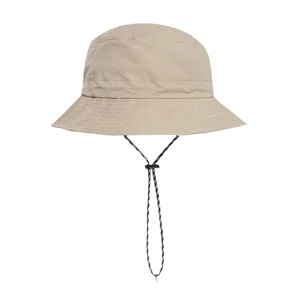 Khaki waterproof bucket hat with adjustable chin strap for outdoor hiking and summer sun protection.