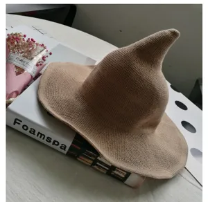 Cappello da strega lavorato a maglia per donna, cappello a punta con tesa larga, estivo.