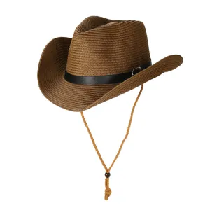 Straw cowboy hat for men women summer sun beach braided hat with chin strap brown