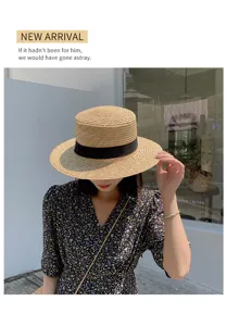 Summer women raffia straw hat flat top sun protection beach woven hat black ribbon hat