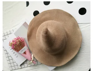Cappello da strega lavorato a maglia da donna, tesa larga in cotone, cappellino kaki.