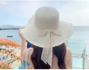 Women summer straw hat wide brim beach sun hat with elegant lace bow for outdoor travel