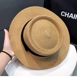 Summer British retro straw hat with black ribbon, elegant sunshade beach boater hat.