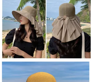 Women breathable mesh hollow sun hat with big bow detail, perfect summer beach holiday style.